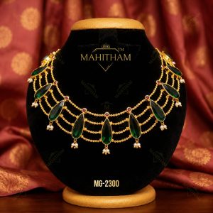 Emerald Gopi Layer Necklace MG-2300 Traditional Kerala Multi Layer Necklace with Green Stones and Pearl Drops