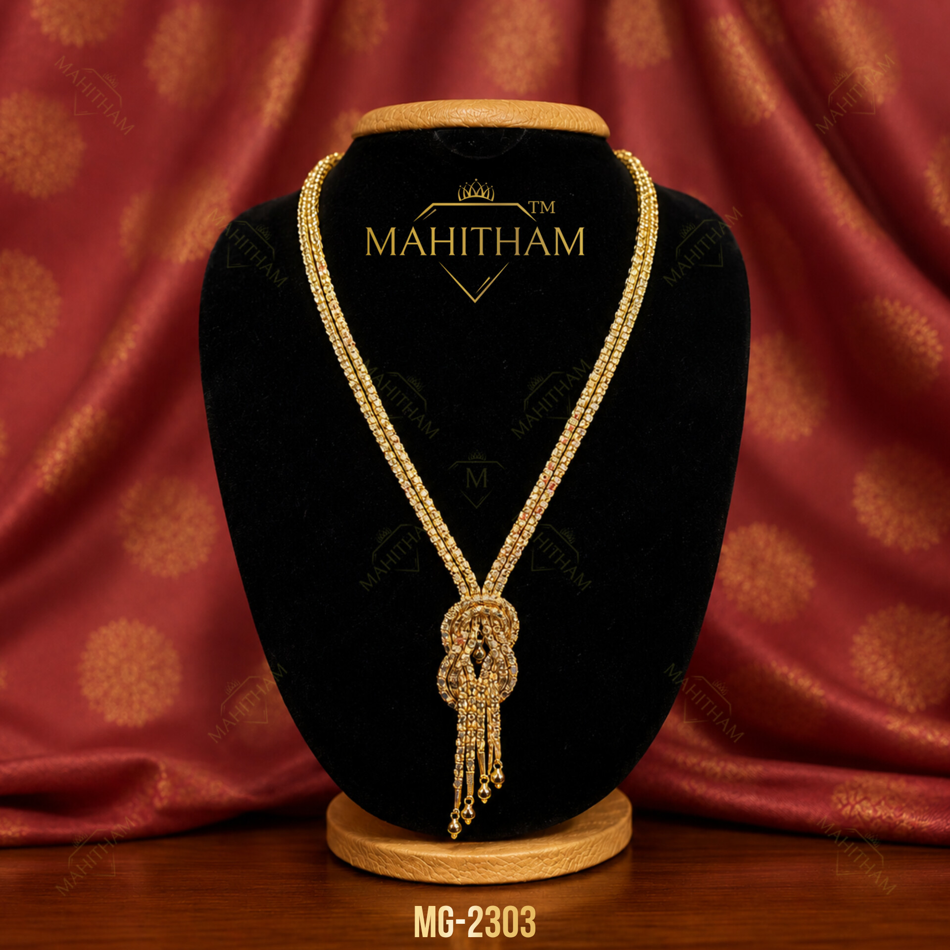Pavithra Kettu Haram Necklace MG-2303 handcrafted Kerala traditional long necklace with premium gold finish by Mahitham