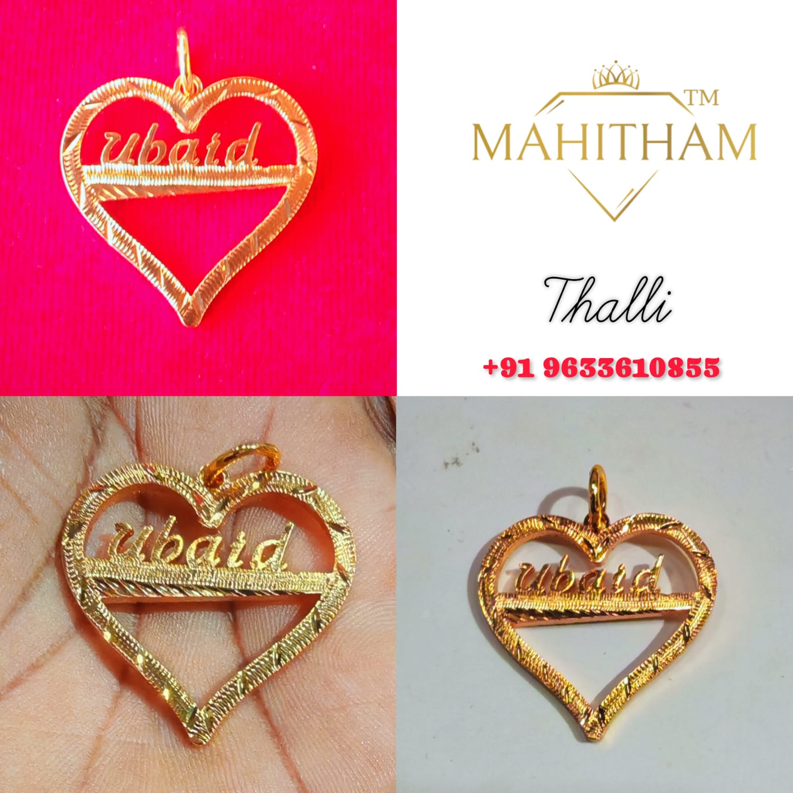 Custom Heart Name Thali personalised wedding pendant with engraved name and premium gold finish by Mahitham