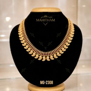 Mahitham Traditional Mango Mala Necklace MG-2308 with engraved mango motifs, mango flower design, ruby stones and premium gold finish Kerala imitation jewellery