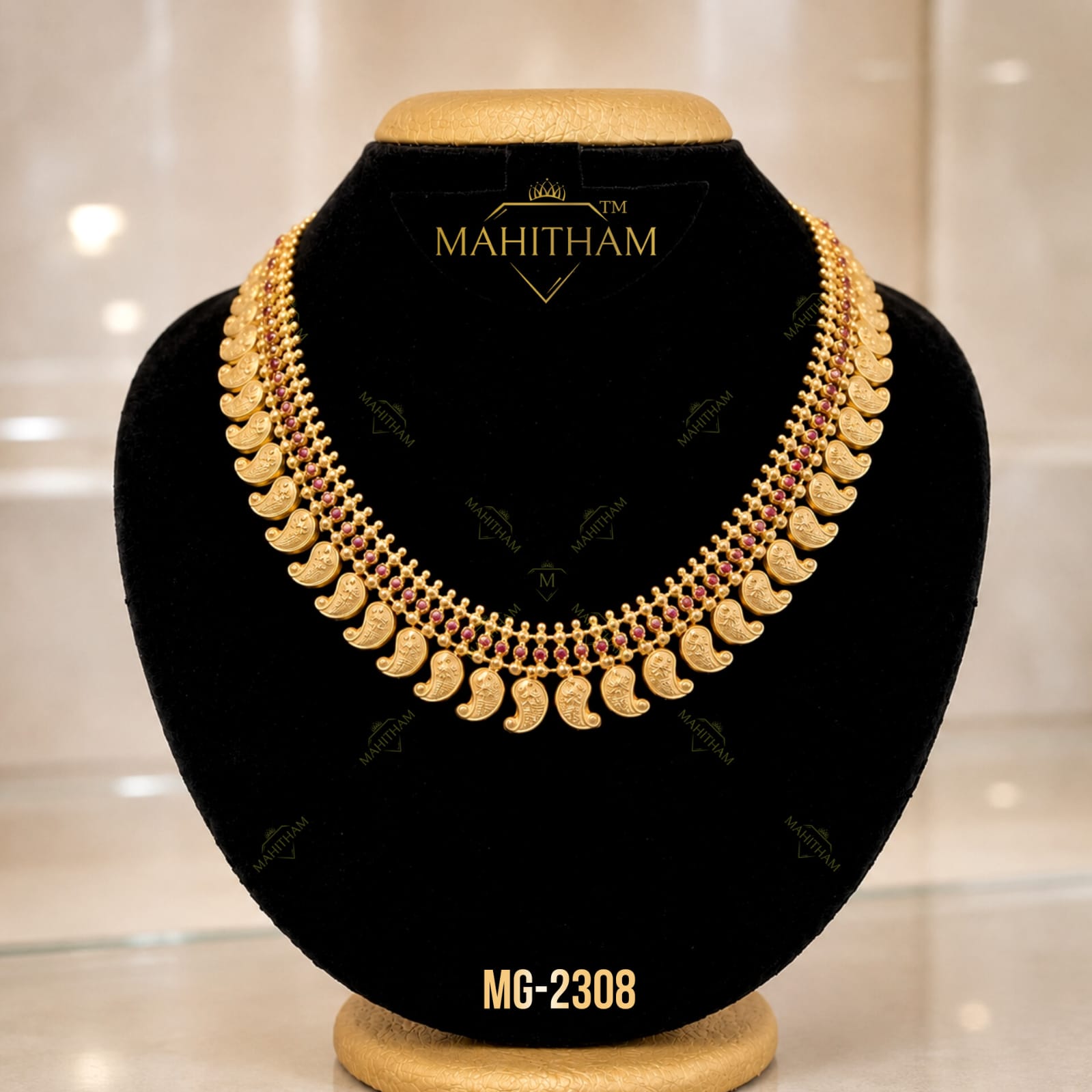 Mahitham Traditional Mango Mala Necklace MG-2308 with engraved mango motifs, mango flower design, ruby stones and premium gold finish Kerala imitation jewellery