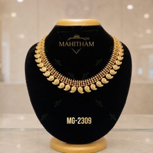 Mahitham Traditional Mango Mala Necklace MG-2309 featuring floral mango motifs, ruby stones and premium gold finish Kerala imitation jewellery