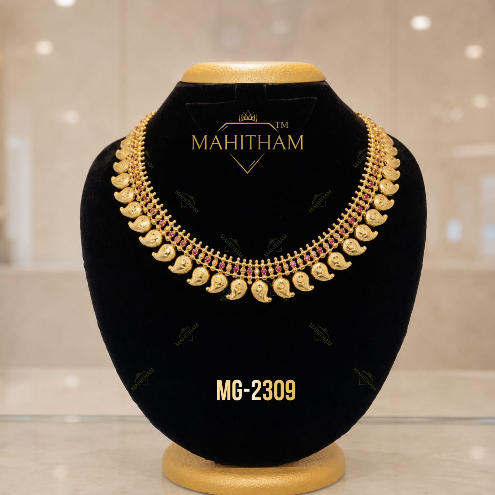 Mahitham Traditional Mango Mala Necklace MG-2309 featuring floral mango motifs, ruby stones and premium gold finish Kerala imitation jewellery