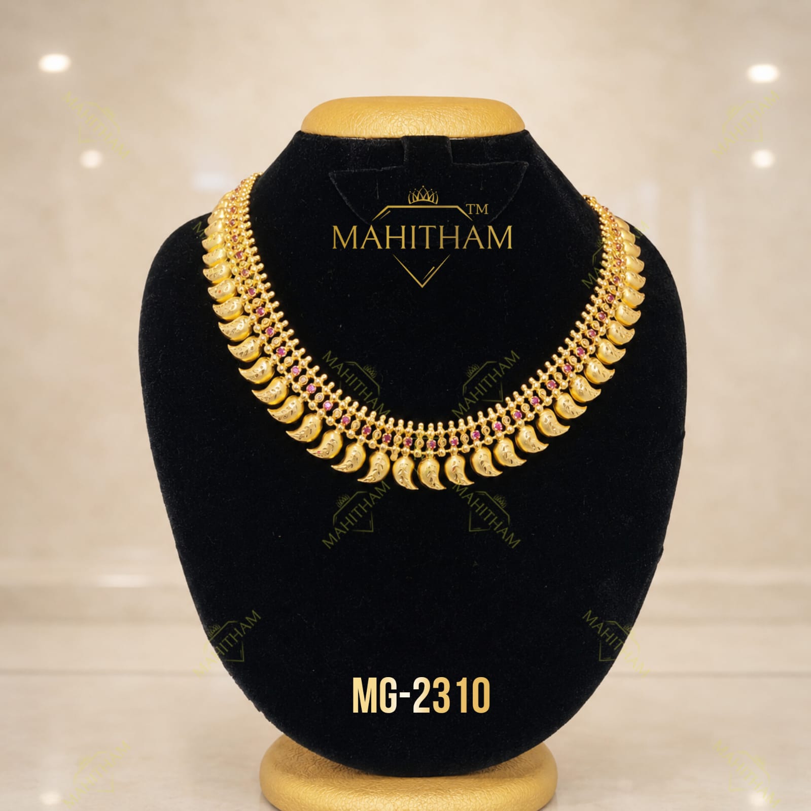 Mahitham Gold Finish Mango Mala Necklace MG-2310 with engraved mango motifs and ruby stones traditional Kerala jewellery