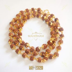 Mahitham Rudraksha Mala MG-2320 with textured Rudraksha beads, gold-finish floral caps and 10 pidi 30-inch design