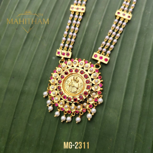 Close-up of Velankanni Mathavu Pearl Layered Necklace MG-2311 featuring devotional pendant, ruby stones, white pearls and pearl drops