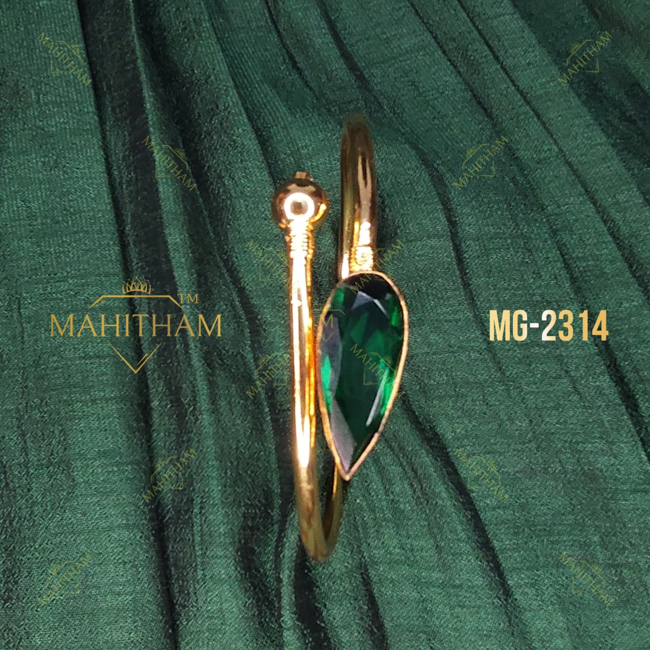 Emerald Gopi Stone Bangle MG-2314 showing open bangle design, green centre stone and gold-finish detailing