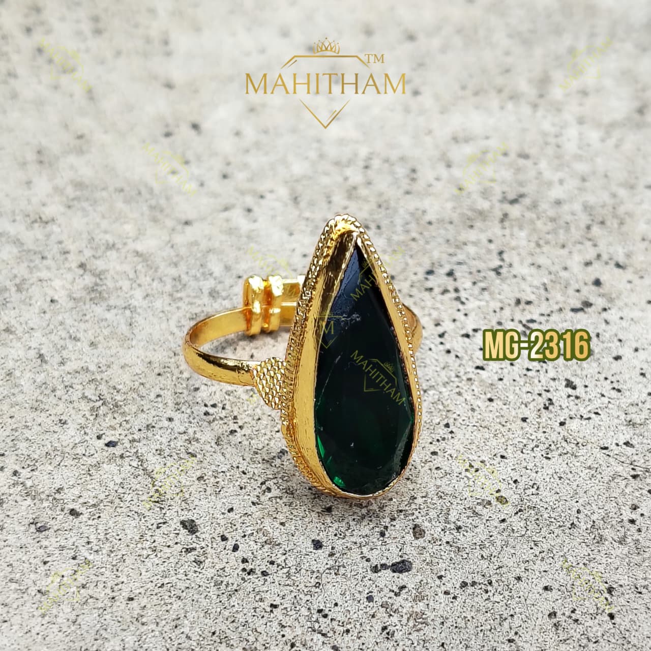 Green Emerald Gopi Adjustable Ring MG-2316 with faceted green stone and premium gold finish