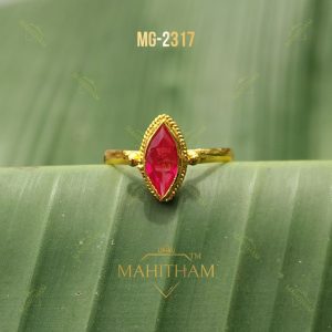 Mahitham Ruby Oval Stone Ring MG-2317 with faceted ruby-red oval stone and premium gold finish