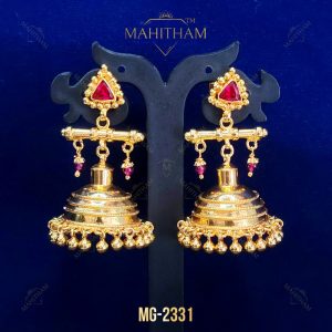 Mahitham Mudra Ruby Jhumka MG-2331 with triangular ruby-pink stones and dangling gold-tone balls