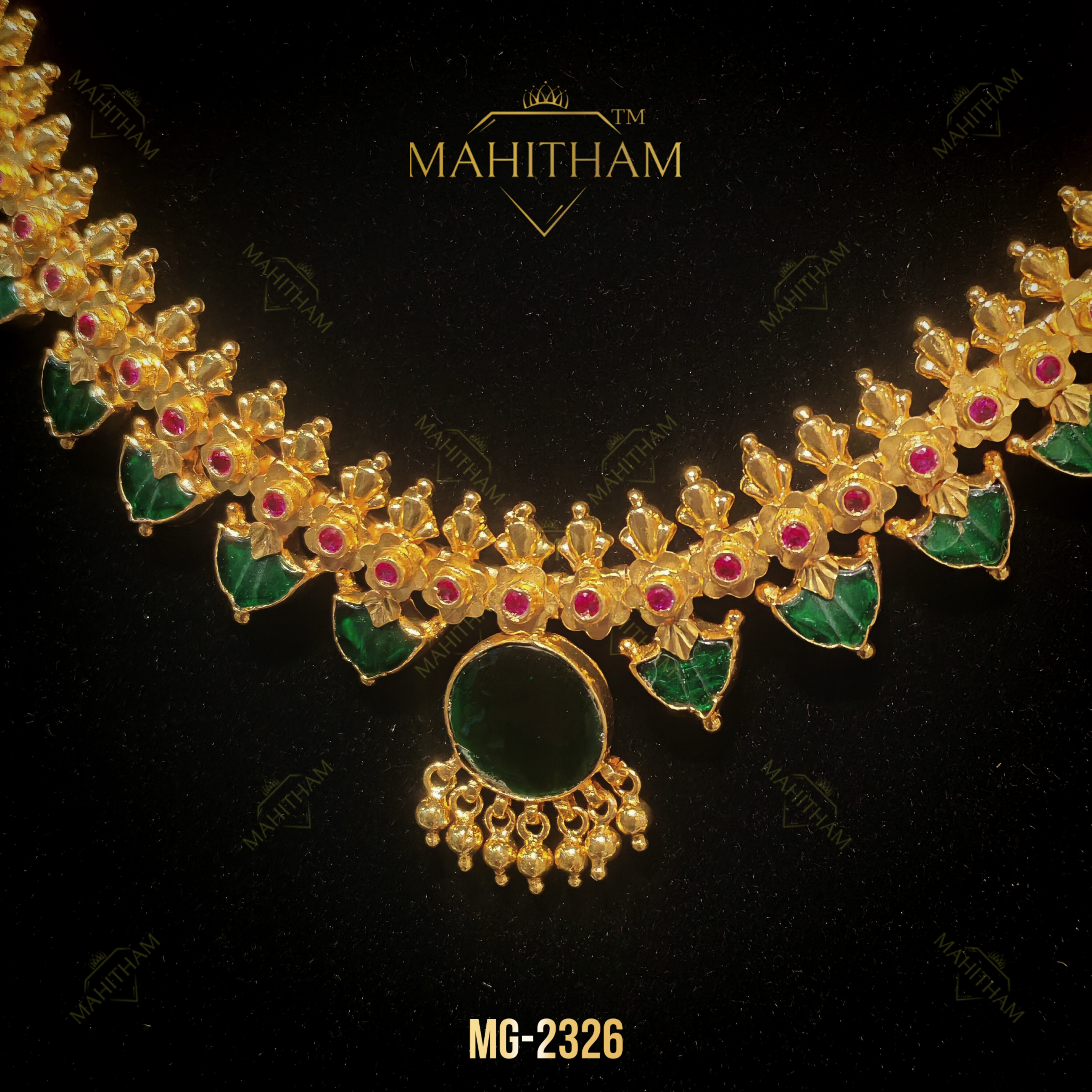 Full view of Green Palakka Ruby Necklace MG-2326 displayed on a black jewellery bust with traditional gold-finish detailing.